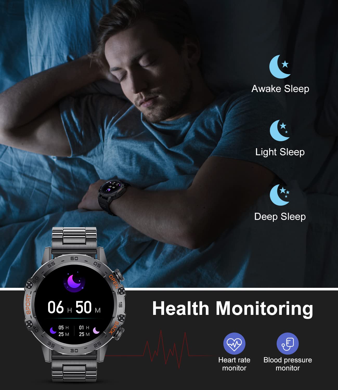 Military Smart Watch For Men(Answer/Dial Calls),5Atm Waterproof Fitness Watch,100 Sports Modes, With Blood Pressure/Heart Rate/S